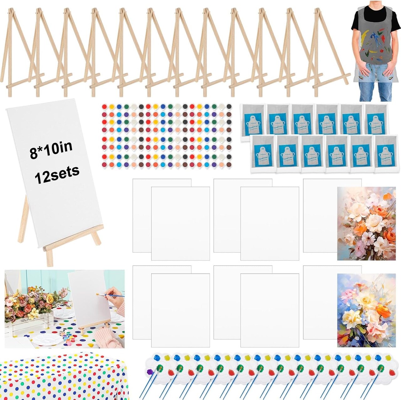 86-Piece Mini Canvas Painting Kit with Easels – 8"x10" Small Canvas DIY Art Set for Parties, Includes Paints, Brushes, Aprons & Large Tablecloth – Perfect for Adults & Kids, Birthday, Holiday, or Family Painting Activities (multicolored)